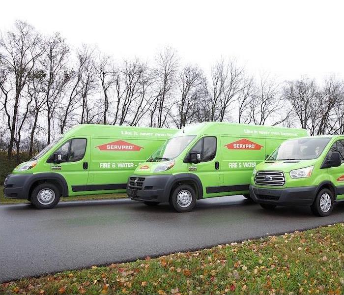 three green SERVPRO trucks lined up on a side stree